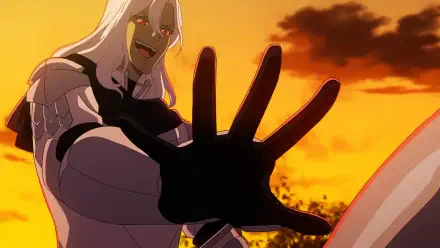 Anime HD desktop wallpaper from Failure Frame featuring a character with long white hair and red eyes reaching forward against a vibrant orange sunset sky.