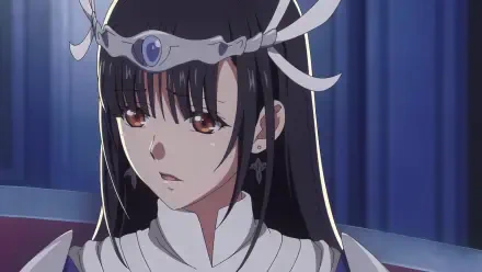 A close-up of a character from the anime Failure Frame, featuring her distinct dark hair, piercing eyes, and intricate headpiece, set against a softly blurred backdrop. HD desktop wallpaper.