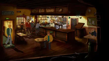 A detailed HD wallpaper from Broken Sword - Shadow of the Templars: Reforged, featuring a lively tavern scene with characters engaging in various activities.