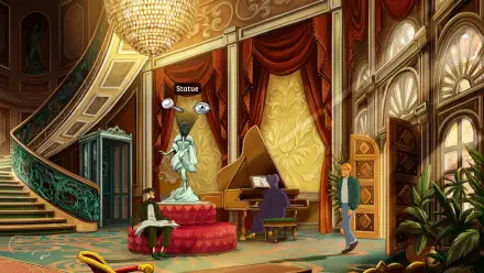 HD PC desktop wallpaper from the video game Broken Sword - Shadow of the Templars: Reforged, featuring an ornate room with a grand piano, statue, and detailed architecture.