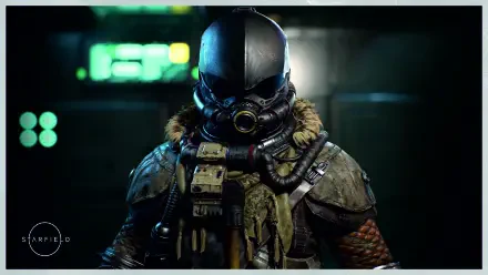 A detailed, high-definition artwork from the video game Starfield, showcasing a character in a futuristic suit and helmet with intricate textures and a dark, atmospheric background.
