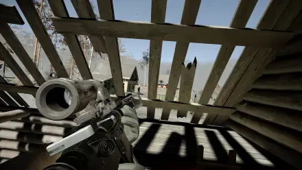 A detailed HD desktop wallpaper from the video game Into the Radius VR, showcasing a sniper rifle aimed through wooden slats, with shadows and textures emphasizing the game's immersive atmosphere.