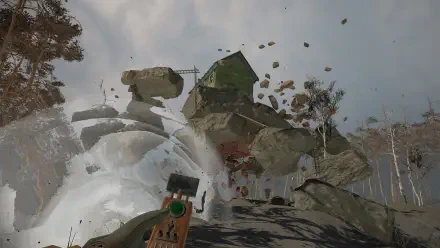 A dynamic scene from the video game Into the Radius VR, featuring a fragmented landscape with flying debris and a tilted green house, serving as a captivating HD desktop wallpaper.