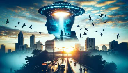 A captivating UFO invasion scene featuring a silhouette of a figure under a hovering spaceship, set against a vibrant city skyline at sunset. 4K Ultra HD desktop wallpaper.