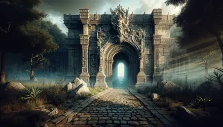 A stunning architectural entrance, featuring ornate details and a mystical atmosphere, set in a serene landscape, captured in vibrant 4K Ultra HD for a captivating desktop wallpaper.