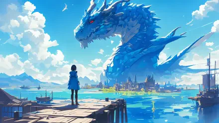 A stunning 4K Ultra HD anime wallpaper featuring a majestic blue dragon looming over a serene harbor scene, blending fantasy elements with vibrant colors and intricate details.