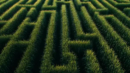 Aerial view of a lush green corn maze, showcasing intricate paths and tall stalks, creating a dynamic pattern. This image serves as a 4K Ultra HD desktop wallpaper and background.