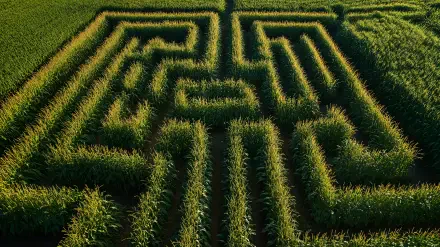 Aerial view of a vibrant corn maze under summer sunlight, showcasing agriculture and outdoor recreation in stunning 4K Ultra HD detail.