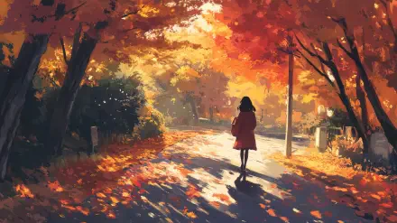 A vibrant anime girl walks down a scenic path surrounded by autumn foliage, bathed in warm sunlight, capturing the essence of fall. 4K Ultra HD visual for a stunning desktop wallpaper.