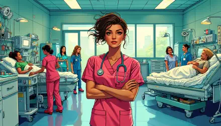 A confident nurse in pink scrubs stands in a busy hospital ward, surrounded by colleagues and patients, illustrating the vital role of healthcare professionals. 4K Ultra HD desktop wallpaper.