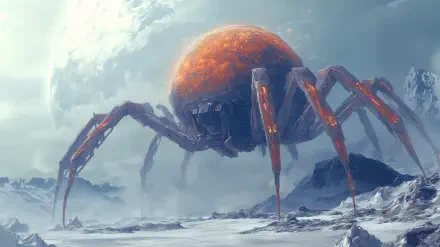 A giant robot spider stands in a barren landscape under a cloudy sky, featuring a large orange sphere as its body. This striking sci-fi image serves as a stunning 4K Ultra HD wallpaper.