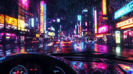 A vibrant, neon-lit city scene viewed from inside a car, with raindrops on the windshield, captures the essence of driving in the rain. A stunning 4K Ultra HD desktop wallpaper.
