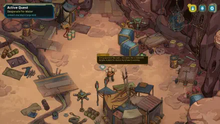 A detailed HD PC desktop wallpaper from the video game Dark Sky (2024), showcasing a desert settlement filled with crates, tents, and characters engaged in quests.