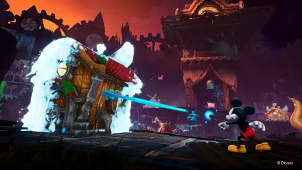 A vibrant 4K Ultra HD wallpaper from Disney Epic Mickey: Rebrushed, featuring Mickey Mouse using a paintbrush to interact with a whimsical, animated environment.