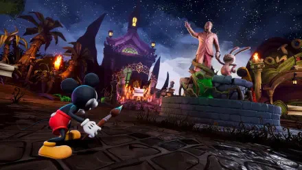 A vibrant scene from Disney Epic Mickey: Rebrushed, featuring Mickey Mouse with a paintbrush, set against a whimsical night sky and a striking statue in a fantastical landscape.