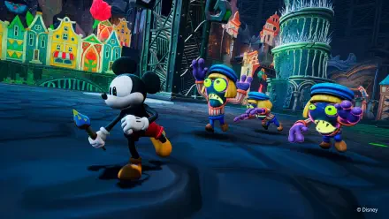 A vibrant 4K Ultra HD wallpaper from Disney Epic Mickey: Rebrushed, featuring Mickey Mouse and colorful characters in a whimsical, dynamic environment.