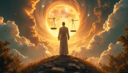 A dramatic 4K Ultra HD wallpaper featuring a silhouetted lawyer standing on a hill, balanced scales hanging in a vibrant, ethereal backdrop of clouds and a glowing sun.