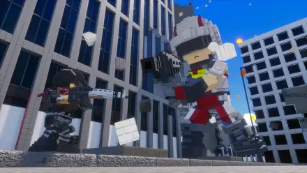 A vibrant HD wallpaper from the video game Earth Defense Force: World Brothers 2, featuring block-style characters in an action-packed urban environment.