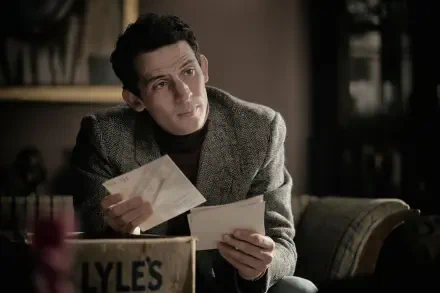A scene from the movie Lee (2023) featuring Josh O'Connor, who holds letters while deep in thought, set in a vintage interior. 4K Ultra HD PC desktop wallpaper and background.