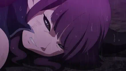 A dramatic scene from The Strongest Magician in the Demon Lord's Army was a Human, featuring a character lying on the ground with rain falling, conveying a sense of intensity and emotion.