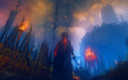 A moody HD wallpaper from Elden Ring: Shadow of the Erdtree, featuring a silhouette of a character against a vibrant, mystical backdrop of glowing lights and dark trees.