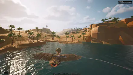 A scenic HD PC desktop wallpaper from the video game DUCKSIDE, featuring a character gliding above tranquil waters, surrounded by palm trees and desert landscapes under a sunny sky.