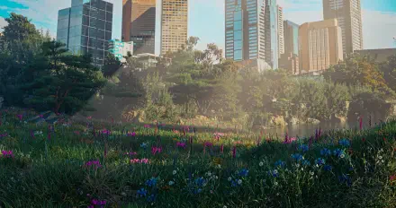 4K Ultra HD Blender 3D render of a cityscape merging with a lush park filled with colorful flowers and trees, blending urban and natural elements in vivid detail.