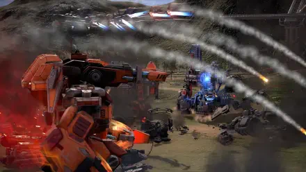 A dynamic HD wallpaper featuring intense mech combat from Mechabellum, showcasing vibrant robots and explosive action in a futuristic battlefield setting.