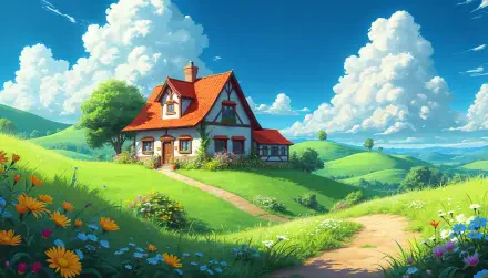 A charming farmhouse sits amidst vibrant green hills, colorful flowers, and fluffy clouds, creating a serene landscape, captured in stunning 4K Ultra HD quality for desktop use.