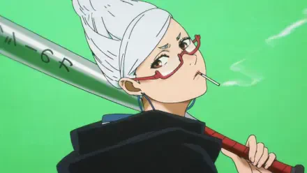 HD anime desktop wallpaper featuring Seiko Ayase from Dandadan with distinctive white hair, red glasses, and a bat against a vibrant green background.