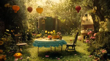 A serene backyard garden party scene with a decorated table, colorful flowers, and lanterns hanging, bathed in soft golden light, creating a vibrant and inviting atmosphere.