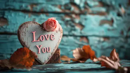 A decorative heart with the words Love You is adorned with a pink rose, set against a rustic turquoise background, offering a warm and romantic atmosphere for a 4K Ultra HD wallpaper.