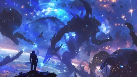 A captivating 4K Ultra HD space opera scene featuring an alien creature against a cosmic backdrop, showcasing vibrant colors and intricate details in a vast universe.