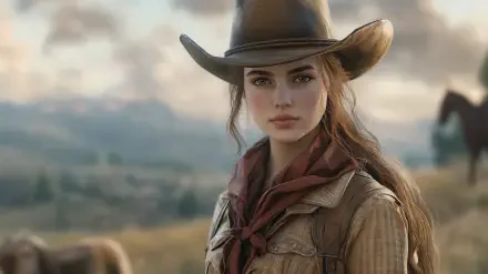 A confident cowgirl poses in a picturesque landscape, wearing a cowboy hat and scarf, showcasing her strong spirit in this stunning 4K Ultra HD desktop wallpaper.