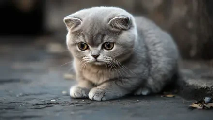 A cute Scottish Fold cat sits on a surface, featuring soft grey fur and expressive eyes, making it an adorable addition to any HD desktop wallpaper or background.