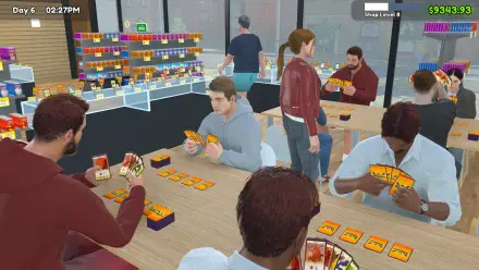 A vibrant scene from TCG Card Shop Simulator, showcasing players engaged in a trading card game at tables, with colorful card displays and an immersive store atmosphere.