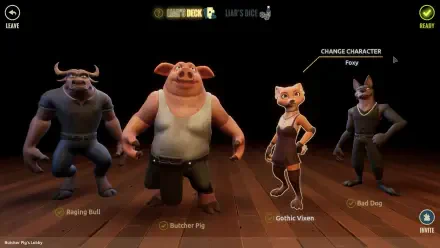 A colorful HD PC desktop wallpaper featuring characters from the video game Liars Bar, including a bull, pig, and a gothic woman, set against a wooden stage backdrop.