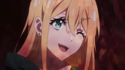 A vibrant HD wallpaper from The Most Notorious Talker Runs the World's Greatest Clan, featuring a character with long blonde hair and striking green eyes, smiling playfully.