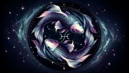 Colorful illustration of two fish, symbolizing Pisces in astrology, set against a cosmic background. This 4K Ultra HD wallpaper showcases vibrant details and celestial elements.