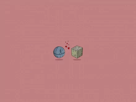 A whimsical HD desktop wallpaper featuring a Borg sphere from Star Trek and the Death Star from Star Wars, playfully exchanging hearts against a pink background.