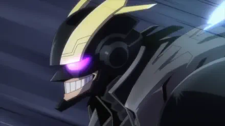 HD anime desktop wallpaper featuring Armored All Might from My Hero Academia, showcasing his intense expression and glowing purple eyes in dynamic motion.