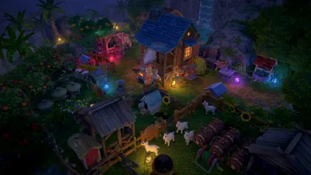 A vibrant scene from the video game Luma Island, featuring a cozy homestead surrounded by colorful lights, lush greenery, and farm animals, creating a magical nighttime atmosphere.