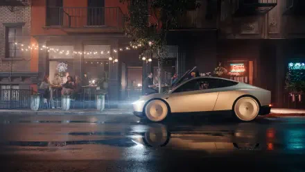 A sleek Tesla robotaxi glides through a vibrant, rain-soaked urban street, illuminated by warm lights from nearby cafes and storefronts, creating a captivating 4K Ultra HD scene.