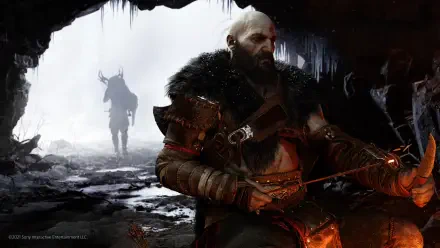 Kratos from God of War: Ragnarök sits in a dimly lit cave, wrapped in furs, with a silhouette of a figure in the background, creating a dramatic and immersive 4K Ultra HD scene.