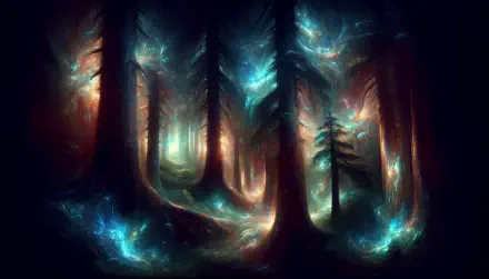 A surreal, ethereal forest with cosmic glowing trees in a spooky, fantasy landscape, rendered in vivid colors for a 4K Ultra HD desktop wallpaper.