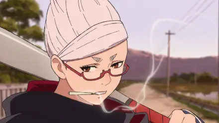 HD anime desktop wallpaper featuring Seiko Ayase from Dandadan, with a confident expression, pink hair wrapped in a towel, and red glasses in a rural setting.