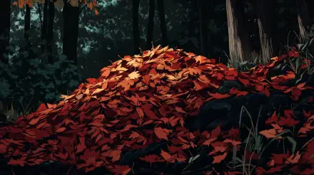 A vibrant pile of autumn leaves in rich shades of red and orange, surrounded by a serene forest backdrop, creating a stunning 4K Ultra HD wallpaper.