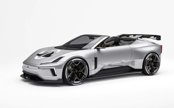 A sleek silver Polestar 6 convertible, showcasing a modern design and sporty features, serves as a striking HD desktop wallpaper and background.