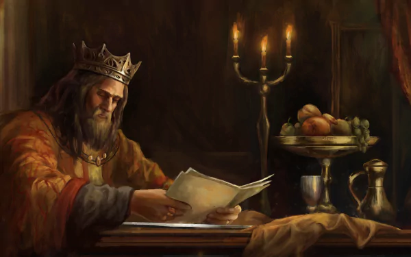A majestic king of Norland studies a parchment in this HD desktop wallpaper, illuminated by candlelight, with a lavish table set nearby.