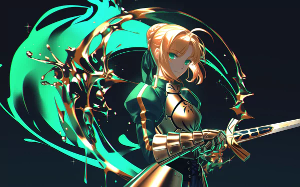 HD desktop wallpaper featuring Saber from the Fate series, showcasing her striking pose and vibrant green and gold elements, embodying the essence of Fate/Grand Order.